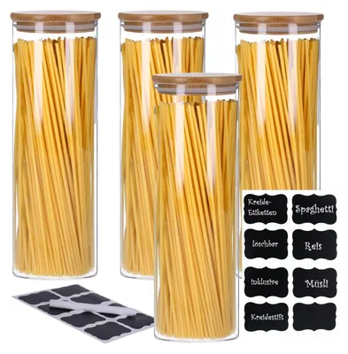 Produktbild von TP Vorratsgläser 4er Set mit Bambus Deckel, luftdichte Behälter inkl. Etiketten, 4 x 2200 ml