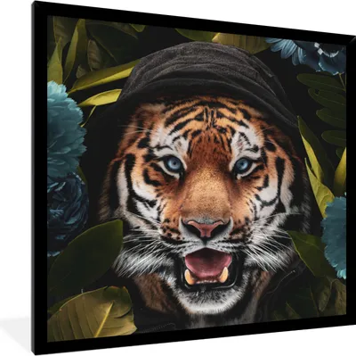 Produktbild von MuchoWow® MuchoWow® Gerahmtes Poster Tiger - Blumen - Kleidung 40x40 cm - Poster mit zchwarzem Bilderrahmen - Mit Rahmen - Wanddekoration Schlafzimmer