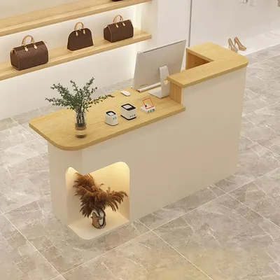 Produktbild von Empfangstheke, Kassentheke, Montagetresen, Kleine Bar, für Geschäfte und verschiedene Einsatzbereiche, Holzoptik und Beige 120cm R