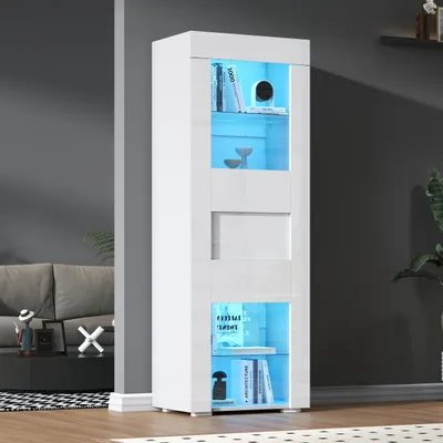 Produktbild von okwish Vitrine Highboard mit Hochglanzoberfläche,Lagerschrank mit zwei Hartglasplatten,Highboard Hochschrank mit LED-Beleuchtung,Weiß