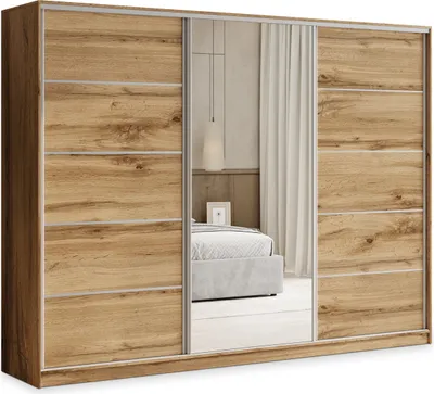 Produktbild von Masseno Schiebetürenschrank PINA 270/205/58 cm Kleiderschrank mit 4 Schubladen Schlafzimmer Schrank 3-türig mit Spiegel Eiche Wotan