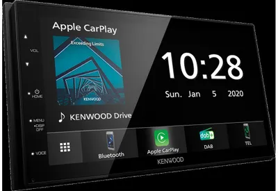 A close-up of a car stereo display showing the Apple CarPlay interface and the time.
