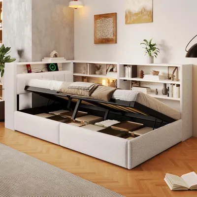 Produktbild von Flieks Hydraulisches Schlafsofa 90x200cm mit Usb, Polsterbett Einzelbett mit Led, Tagesbett Gästebett mit Staufächern, Samt, Weiß