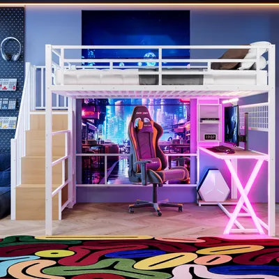 Obrázok produktu pre Postel s poschodím Flieks, 160x200 cm, s rebríkom, vysoká posteľ s písacím stolom a úložnou skrinkou, posteľ pre mládež s LED osvetlením a odkladacou plochou, biela, kov + drevo
