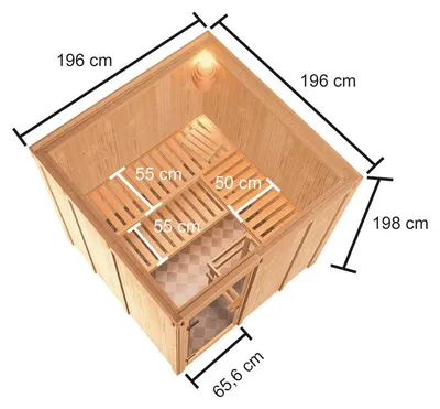 Produktbild von KARIBU Elementsauna Celine 4 Fichte Natur 68 mm, Innensauna für 2 3 Personen, Systembauweise mit bronzierter Ganzglastür, 3 Liegen, Ofenschutzgitter, Innenmaße 196x196x198 cm