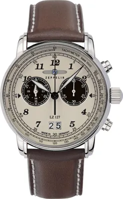 A close-up studio shot of a men's chronograph watch with a leather strap.