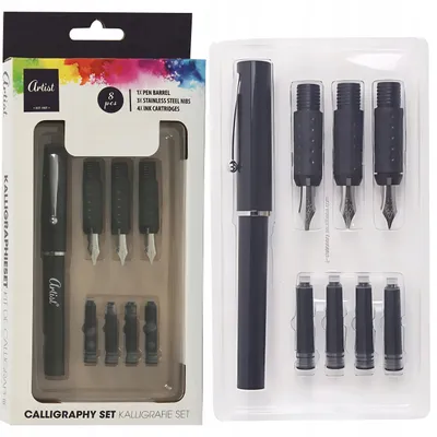 A calligraphy set is displayed in its packaging, with the product and its components clearly visible.