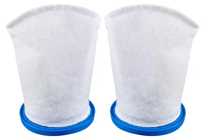 Two white filter bags with blue rims are shown against a white background.