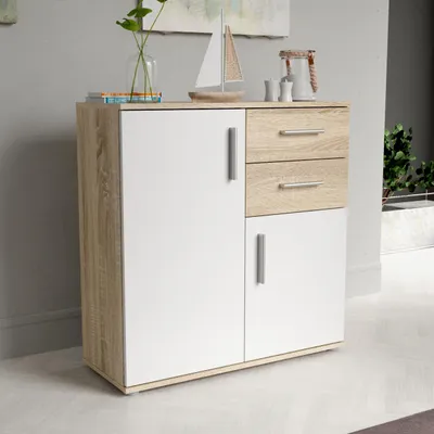Produktbild von Forte IKOLI Kommode 80, moderne Kommode, 2-türig, 2 Schubladen, Wohn-/Schlafzimmer, Flur, Holzwerkstoff, Weiß mit Sonoma Eiche Holzdekor, 79,9 cm breit x 81,7 cm hoch x 31,4 cm tief