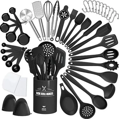 Produktbild von Küchenhelfer Set, 43-teiliges Silikon Kochutensilien Kochbesteck Set, Hitzebeständiger Kochgeschirr mit Utensilienhalter, Antihaft Kochset Küchenutensilien, Spülmaschinenfest - Schwar
