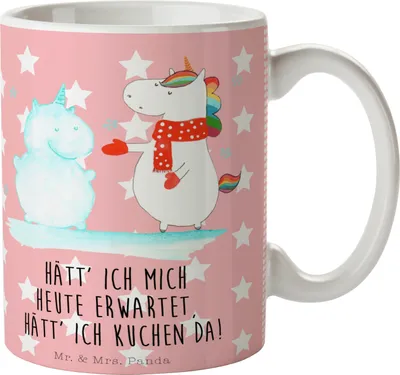 Produktbild von Mr. & Mrs. Panda Kaffeebecher Einhorn Schneemann - Rot Pastell - Geschenk, Weihnachten, Kuchen, Mütze, Keramiktasse, Becher, Unicorn, keramik, Tasse, Kaffeetasse, Winter