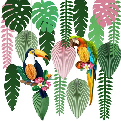 Productafbeelding van Papieren slingerset "Jungle" decoratie, 17-delig, voor zomerfeest, Hawaï-thema of safari-thema