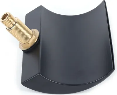 A close-up studio shot of a black bathtub faucet with a gold threaded pipe extending from the side.
