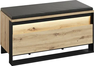 A modern shoe cabinet with a padded seat and integrated lighting.