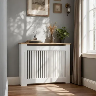 Produktbild von Heizkörperverkleidung 112×20×83 cm Hohe Heizkörperabdeckung mit Holzstruktur Vertikal Lamell Holz aus verdicktes MDF lackiert Landhausstil für Schlafzimmer Wohnzimmer Büro Heizkörper Abdeckung