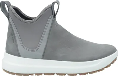 A studio shot of a single gray boot.