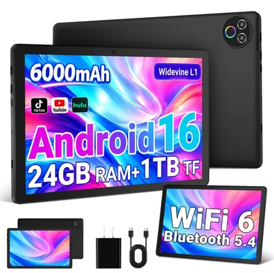 Produktbild von Tablet 10 Zoll Android 16 Tablet mit 24 GB RAM 1TB TF 6000 mAh WiFi 6 Bluetooth Dual-Kamera Gaming Tablet Schwarz