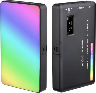 Produktbild von Andoer W140 RGB LED-Videolicht Wiederaufladbare Fotografie Fuelllicht CRI95 + 2500K-9000K Dimmbar 20 Lichteffekte mit LCD-Display Kaltschuhadapter fuer Vlog Live-Streaming-Videokonferenz Produktaufnahme