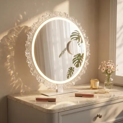 Produktbild von Rund Schminkspiegel mit LED Beleuchtung, 180° Rotation Kosmetikspiegel, Wandspiegel mit 10X Spiegel, 3 Lichtfarbe Dimmbare mit Touch-Steuerung