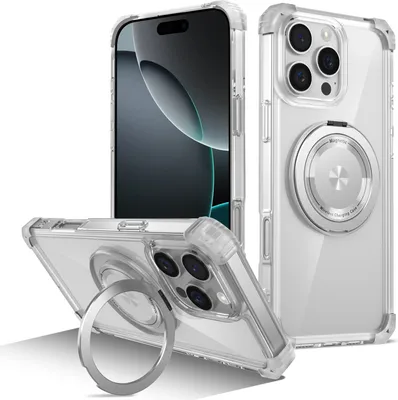 Immagine prodotto di Custodia per iPhone 16 Pro Max supporto ad anello magnetico, supporto, compatibile con MagSafe, protezione militare, custodia trasparente Trasparente