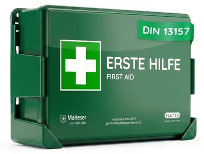 Produktbild von Erste-Hilfe-Koffer Verbandkasten - DIN 13157:2021 - Grün - Wandmontage - Für Betrieb und Zuhause