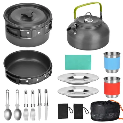 Image de Ensemble de vaisselle de camping, 17 pièces, en acier inoxydable et aluminium, avec revêtement antiadhésif, pour 2 à 4 personnes