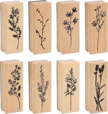 Immagine prodotto di Set di timbri in legno, 8 pezzi, con motivi naturali ispirati alle piante, ideali per scrapbooking, biglietti e progetti per bambini