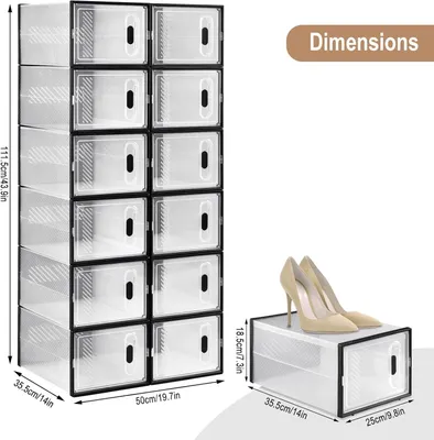 A stack of transparent shoe boxes with black frames, and a single shoe box with shoes on top, with dimensions indicated.