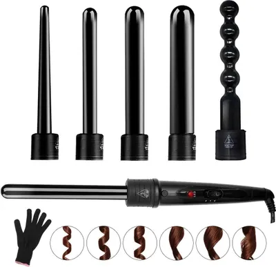 Produktbild von Lockenstab 6 in 1 LCD Keramikbeschichtung Multifunktions Austauschbare Welleneisen mit Handschuhe Lockenwickler Kit für Beach Waves