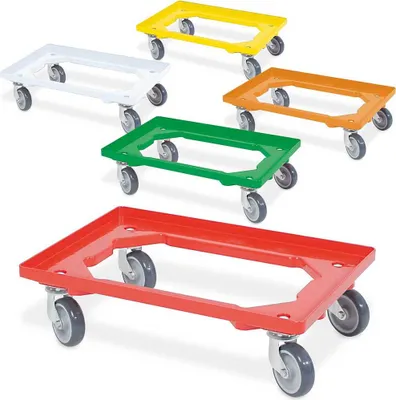 Produktbild von Set, 5x Logistikroller/Kistenroller für Behälter 600 x 400 mm, je 1 Roller in gelb, grün, orange, rot, weiß