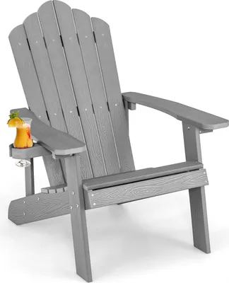 Zdjęcie produktu dla Krzesło COSTWAY Adirondack z uchwytem na kubek, odporne na warunki atmosferyczne krzesło ogrodowe, plastikowy fotel ogrodowy, krzesło zewnętrzne do ogrodu, na taras, udźwig 170 kg (jasnoszary)