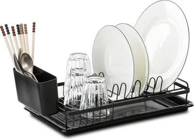 Produktbild von Ablagegestell für Geschirr - mit abnehmbaren Haken und Abtropfschale - Spülbecken Trockenregal - 39 x 23 x 8 cm - schwarzes Ablagegestell Curver