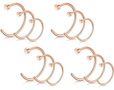 Image de Lot de 12 anneaux de nez, calibre 18G/20G, tailles 6/8/10mm, en acier chirurgical, imitation piercing, couleur or rose