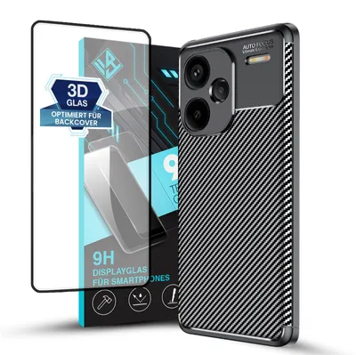 Produktbild von Handy Hülle für Xiaomi Redmi Note 13 Pro+ 5G mit 9H Displayglas Displayschutz Carbon Look Cover Case Schutzhülle Farbe: Schwarz