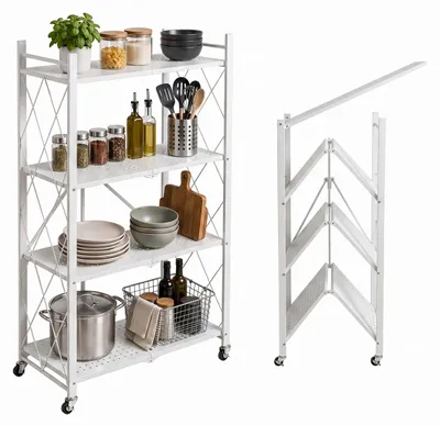 Produktbild von Relaxdays Klappregal, 4 Ebenen, bis 100 kg, HBT 125 x 71 x 34 cm, Rollregal mit Bremsen, Aufbewahrungsregal, Stahl, weiß, KI-generiertes Bild