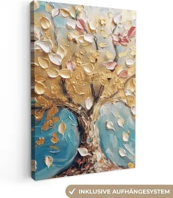 Produktbild von MuchoWow® - Leinwandbilder - Baum - Blau - Gold - Abstrakt - Modern, Wandbild, Wanddeko Bilder Wohnzimmer, 40x60 cm