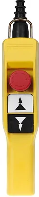 A yellow pendant control station with buttons for up, down, and emergency stop.
