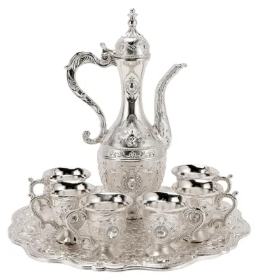 Produktbild von Türkisches Vintage-Kaffeekannen-Set, Retro-Kaffee-Tee-Servierset, Europäischer Stil Weinglas-Topf-Set aus Legierung mit 6 Kaffeetassen und Handgefertigtem Teetablett für Tee Heim