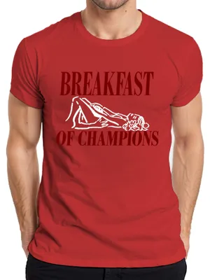 Productafbeelding van "Ontbijt van Kampioenen" - Grappig, dubbelzinnig, humoristisch T-shirt voor volwassenen, rood, maat XL