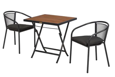 Produktbild von Merxx Gartenmöbel Set Delos 5tlg., 2 stapelbare Bistrosessel, " Sitzauflagen, Klappentisch 70 x 70 cm-Stahl/Aluminium/Akakzie