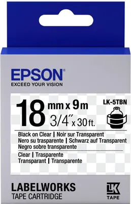Produktbild von Epson Etikettenkassette LK-5TBN - Transparent - schwarz auf transparent - 18mmx9m, Schwarz auf transparent, Japan, LabelWorks LW-1000P LabelWorks LW-400 LabelWorks LW-400VP LabelWorks LW-600P LabelWorks LW-700..., 1,8 cm, 9 m, 1 Stück(e)