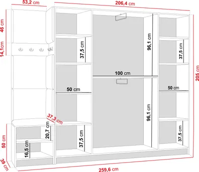 A diagram showing the dimensions of a wardrobe.