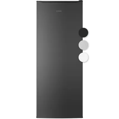 A dark gray Bomann refrigerator is shown against a white background. Three colored circles (black, light gray, and white) are displayed to the right of the refrigerator, likely indicating color options.