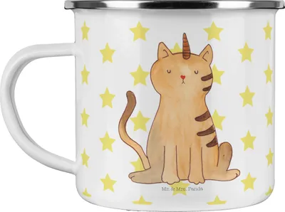 Produktbild von Mr. & Mrs. Panda Pott Einhorn Katze - Weiß - Geschenk, Haferl, Unicorn, Mieze, Kaffeepott, Glitzer, Emaille Tasse, Regenbogen, Becher, Teetasse