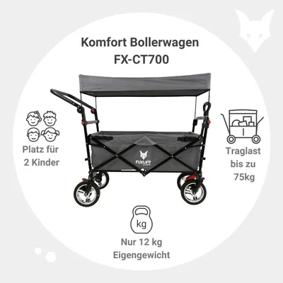 Produktbild von FUXLIFE by FUXTEC Bollerwagen faltbar FX-CT700 Grau  klappbarer Handwagen für Ausflug & Alltag  gepolsterter Sitzbereich  mit Feststellbremsen Grau