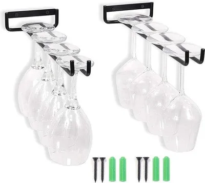 Image de Support pour verres à vin, lot de 2 - Supports inversés pour verres à vin - Supports suspendus pour verres à vin, pour bar ou cuisine - Ensemble de rangement pour verres à vin (noir)