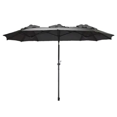 A dark grey patio umbrella with multiple canopies is shown against a white background.