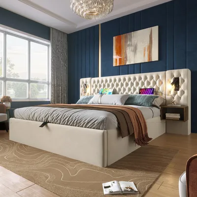 Produktbild von okwish Boxspringbett Polsterbett 160 x 200 cm mit USB-Ladeanschluss und Leselicht, Doppelbett Stauraumbett mit 2 Nachttischen(Ohne Matratze)- Beige