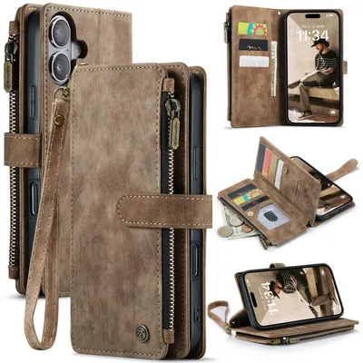 A collage of images showcasing a brown leather wallet-style phone case for an iPhone, with various angles and features displayed.