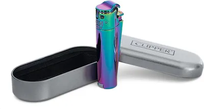 A rainbow-colored Clipper lighter and its silver case are displayed on a white background.
